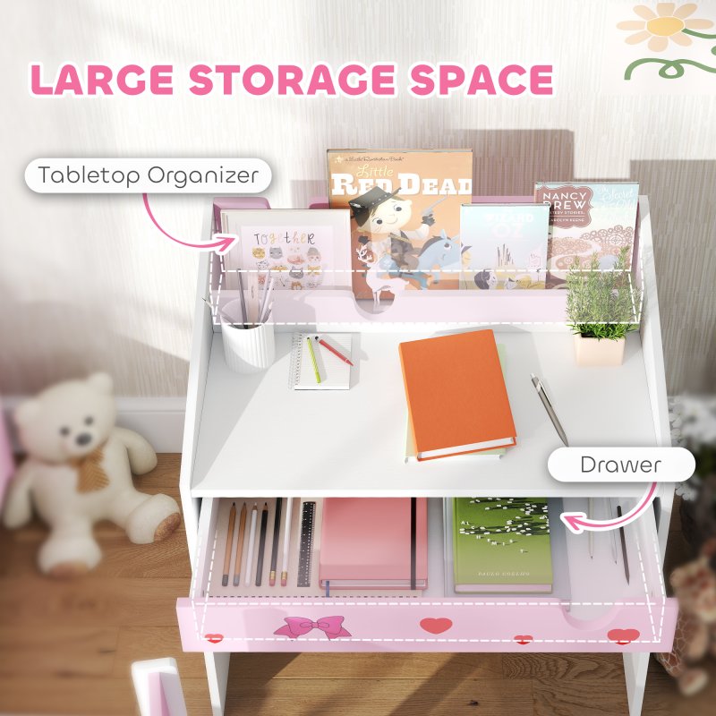 AIYAPLAY Kids Desk and Chair Set, Children Study Table and Chair with Storage, Pull-Out Drawer, Bow Pattern, for Bedroom, Playroom, Nursery, for Ages 3-6 Years, Pink