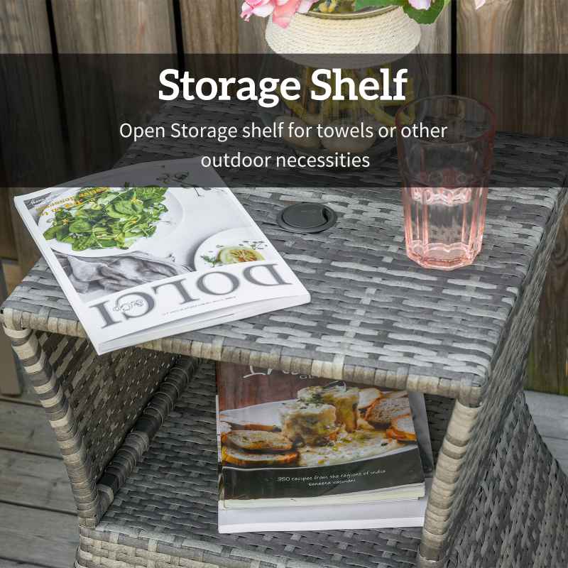 Outsunny Rattan Outdoor Coffee Table, Wicker Garden Patio Bistro Side Table with Umbrella Hole and Storage Space for Balcony, Porch, Grey
