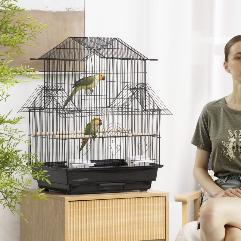 PawHut Metal Bird Cage with Plastic Swing Perch Food Container Tray Handle for Finch Canary Budgie 43.5 x 33 x 63 cm, Black