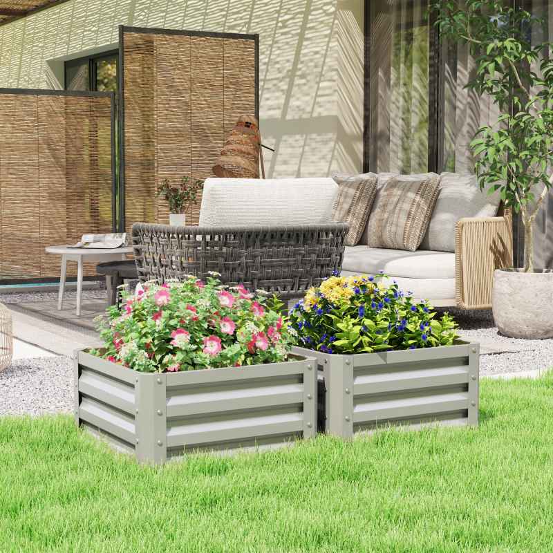 Outsunny Set of 2 Raised Garden Bed, Outdoor Planter Box with Galvanised Steel Frame for Growing Vegetables, Flowers and Herbs, 60 x 60 x 30.5 cm, Light Grey