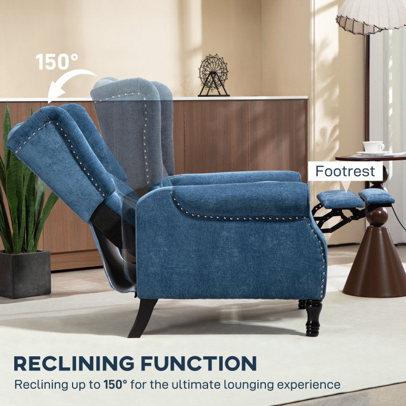 HOMCOM Recliner Armchair, Vintage Reclining Chair with Nail Head Trim, Wingback Chair with Button Tufted Back and Footrest, for Living Room, Royal Blue