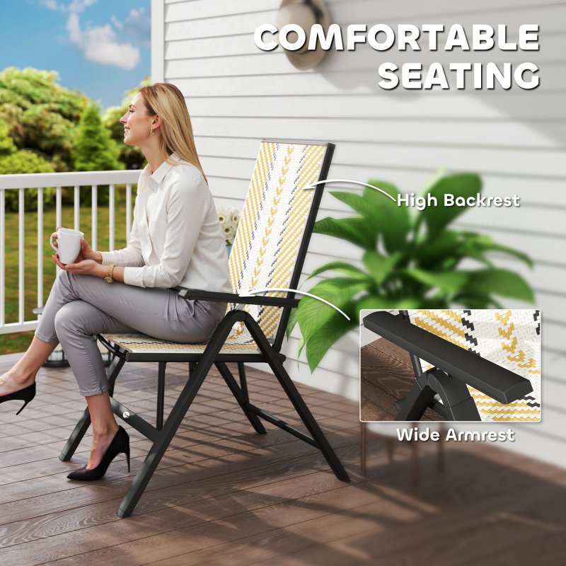 Outsunny Rattan Folding Chair Outdoor Set of 2, 5-Position Adjustable Wicker Garden Dining Chair with High Backrest, Wide Armrest, for Patio, Terrace, Balcony, Orange