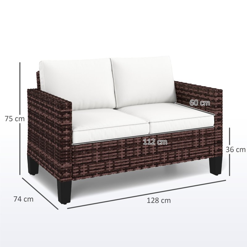 Outsunny 2 Seater Rattan Sofa with Cushions, Wicker Garden Loveseat with Armrests, Outdoor Garden Sofa Couch with Steel Frame for Balcony, Porch, Brown