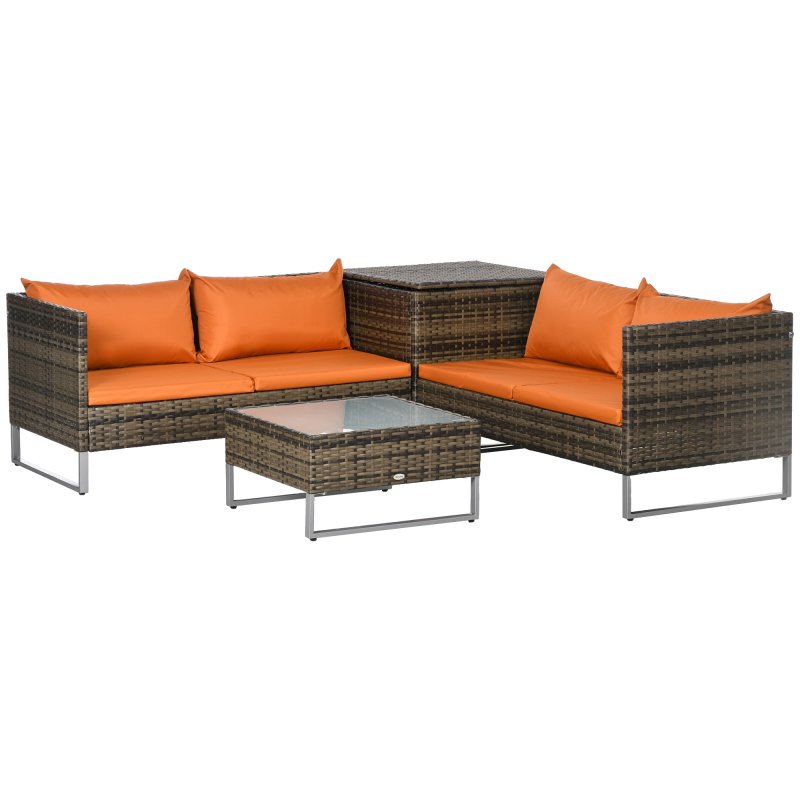 Outsunny 4 Seater Rattan Corner Sofa Set, Wicker Rattan Garden Furniture Set with Loveseats, Tables, Cushions for Outdoor, Patio, Orange