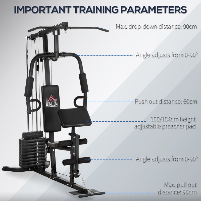 HOMCOM Multi Gym with Weights, Multifunction Home Gym Machine with 45kg Weight Stack, for Lat Pulldown, Leg Extensions, Preacher Bicep Curls, Triceps Pulldowns, Chest Press, Strength Training
