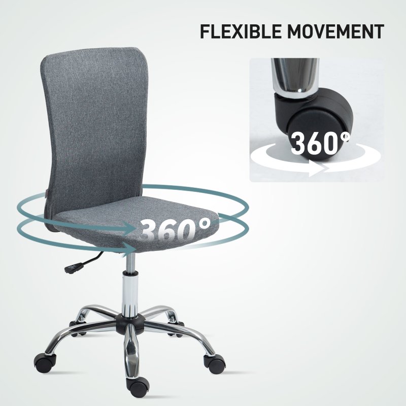 HOMCOM Armless Computer Desk Chair, Fabric Swivel Office Chair, Makeup Vanity Chair with Height Adjustable, Wheels, for Home Study Bedroom, Grey