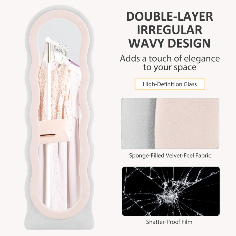HOMCOM Irregular Wavy Mirror Full Length, 160 x 50cm Free Standing, Leaning or Wall Mirror with Velvet Wrapped Frame and Arched Top for Living Room, Bedroom, White and Pink
