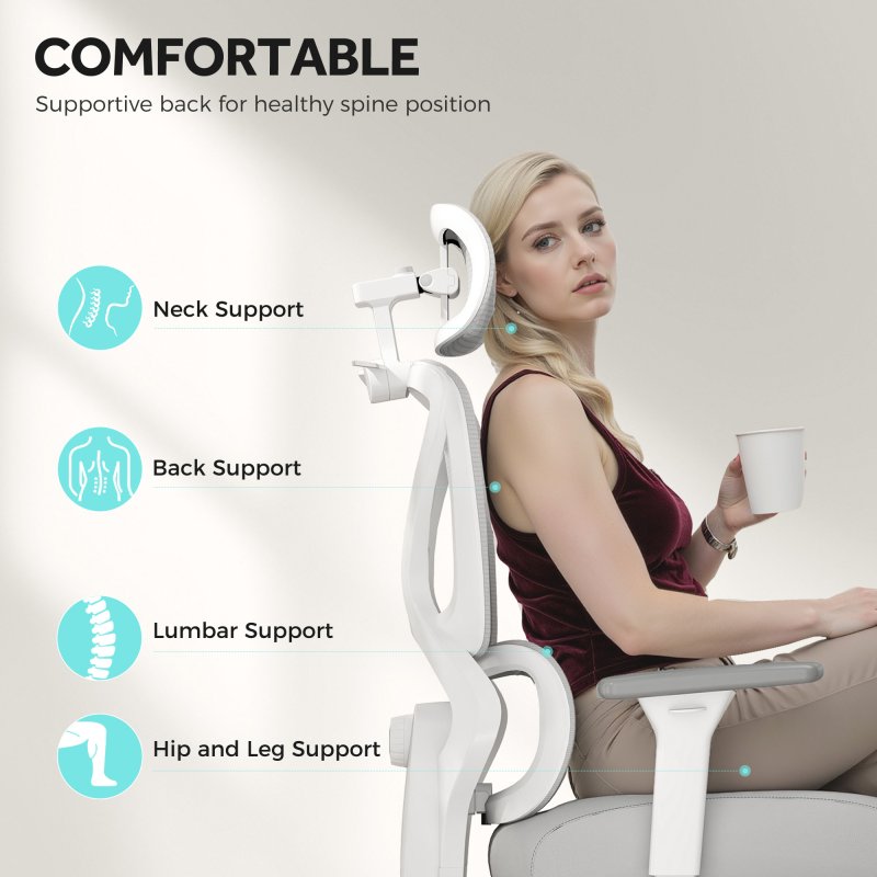 HOMCOM Ergonomic Office Chair, Mesh Desk Chair with 3D Armrests, Rotatable Headrest, Adjustable Lumbar Support, Coat Hanger, Footrest for Home Office, Grey