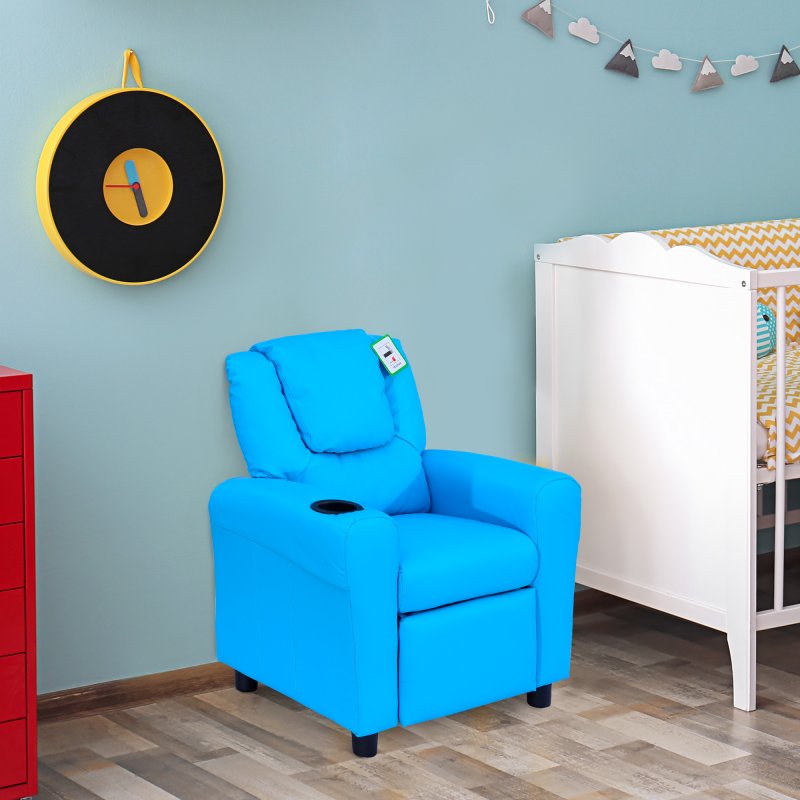 HOMCOM Kids Recliner, PU Leather Kids Armchair, Child Chair, Toddler Armchair with Adjustable Backrest, Footrest, Padded Headrest, Cup Holder, Blue