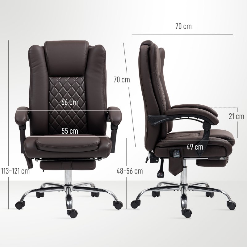 HOMCOM Executive Office Chair with 6-point Massage and Heat, PU Leather Reclining Desk Chair with Tufted High Back, Height Adjustable, Swivel Wheels, Footrest, for Home, Dark Brown