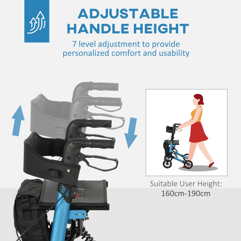 HOMCOM Folding Rollator Walker with Seat, Backrest, Lightweight Walking Frame with Storage Bag, Dual Brakes, Adjustable Handle Height, Suspension System, 4 Wheeled Walker for Seniors