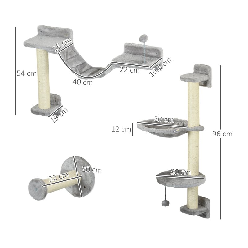 PawHut 4Pcs Wall Mounted Cat Shelves, with Hammock, Perches, Ladder, Scratching Post, Cat Wall Furniture for Large Cats, Grey