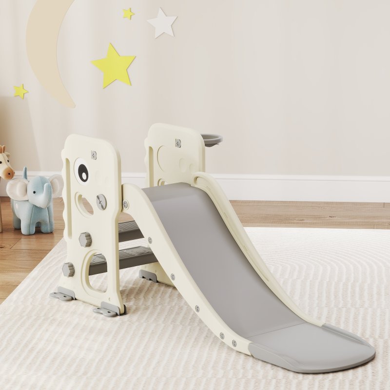 AIYAPLAY 3-in-1 Kids Slide, Foldable Dinosaur Shape Toddler Slide with Climber, Basketball Hoop and Ball, Indoor Playground Equipment for Ages 2-5, Cream White