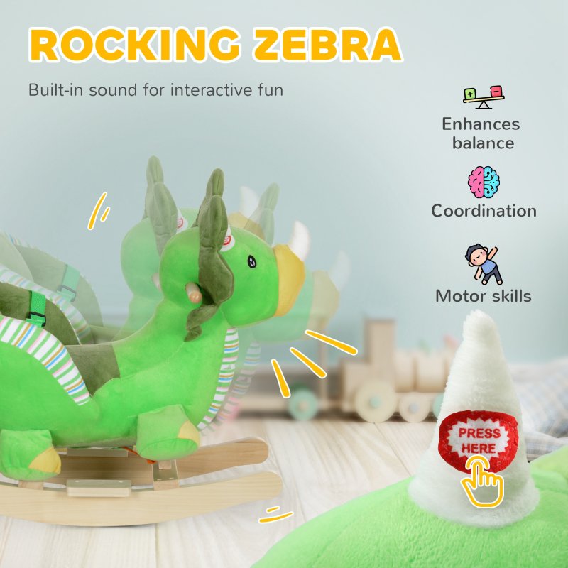 AIYAPLAY Rocking Animal, Dinosaur Themed Rocking Ride on with Animal Sounds, Safety Belt, Wooden Base, Pedal, for Toddlers 18-36 Months, Green