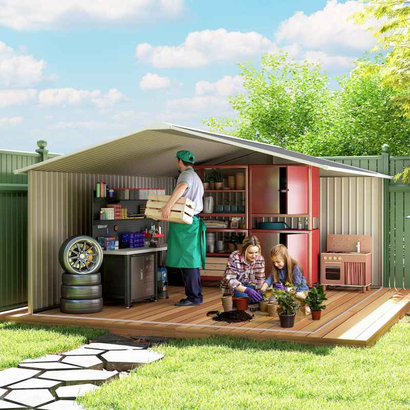 Outsunny 13 x 11ft Metal Garden Shed, Outdoor Storage Tool House with Ventilation Slots, Foundation Kit and Lockable Double Doors