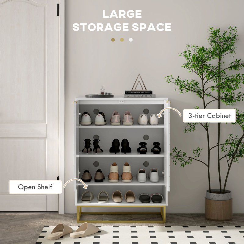 HOMCOM Shoe Cabinet, 12 Pairs Shoe Storage Cabinet with 2 Chevron Doors, Adjustable Shelf, Open Shelf and 6 Vents for Entryway, Hallway, White