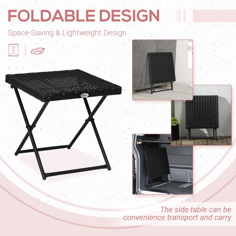 Outsunny Folding Rattan Garden Coffee Table, Small Square Outdoor Bistro Side Table with Rattan Top for Patio, Balcony, Porch, 40 x 40 x 40 cmBlack