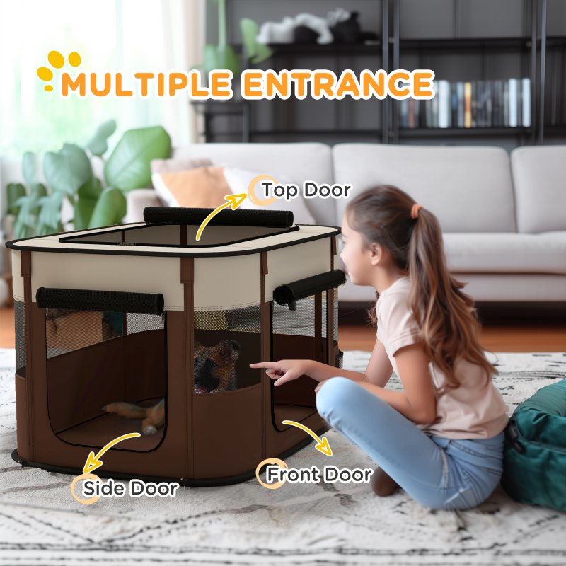 PawHut Dog Pen, Pet Playpen, Portable Foldable Dog Cat Playpen Soft Pet Cage with Storage Bag for Puppies, Rabbits, Kittens, Guinea Pigs, 84 x 64 x 53cm - Brown