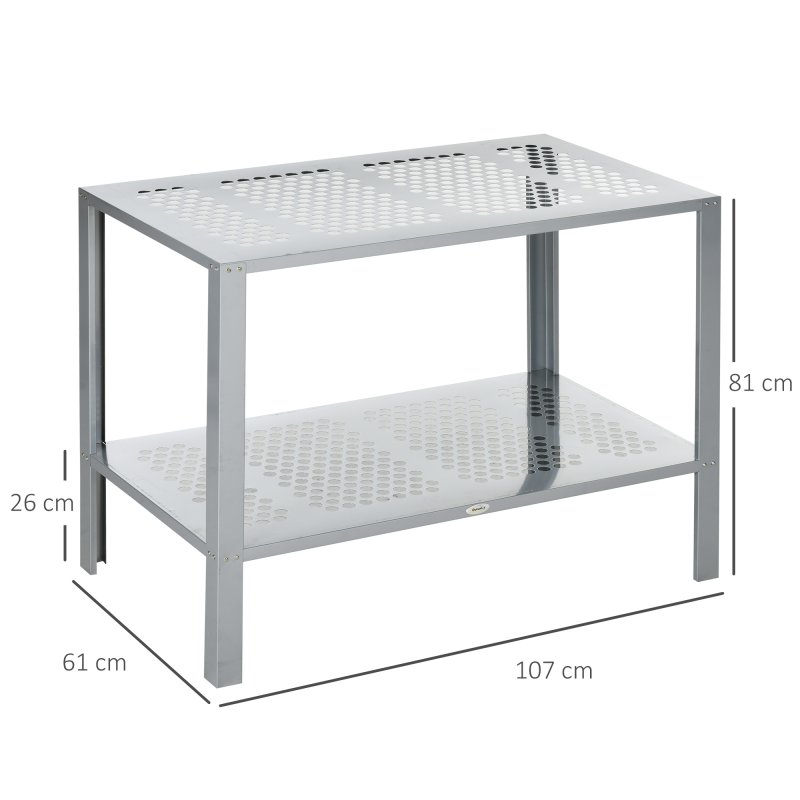 Outsunny 2-Tier Plant Stand, Corner Plant Shelf for Outdoor and Indoor Storage Organizer, Freestanding Flower Rack with Steel Frame, Mesh Board, Silver