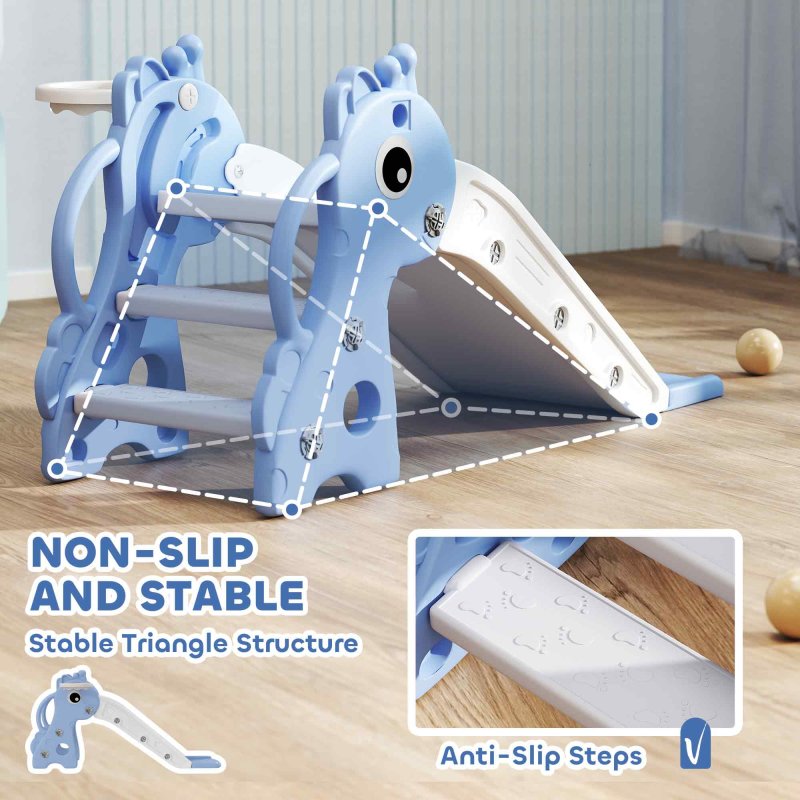 AIYAPLAY 3 in 1 Kids Slide, Giraffe Shape Toddler Slide with Climber, Basketball Hoop and Ball, Indoor Playground Equipment for Age 1-3, Blue