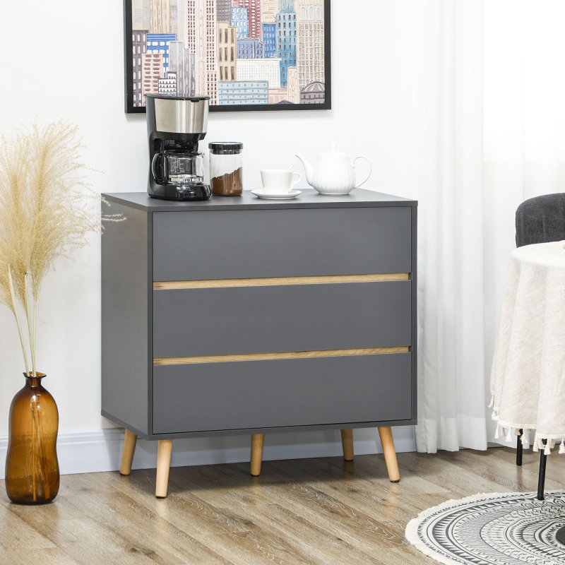 HOMCOM Chest of Drawers, 3-Drawer Storage Cabinet Organiser with Wood Legs for Bedroom, Living Room, Dark Grey