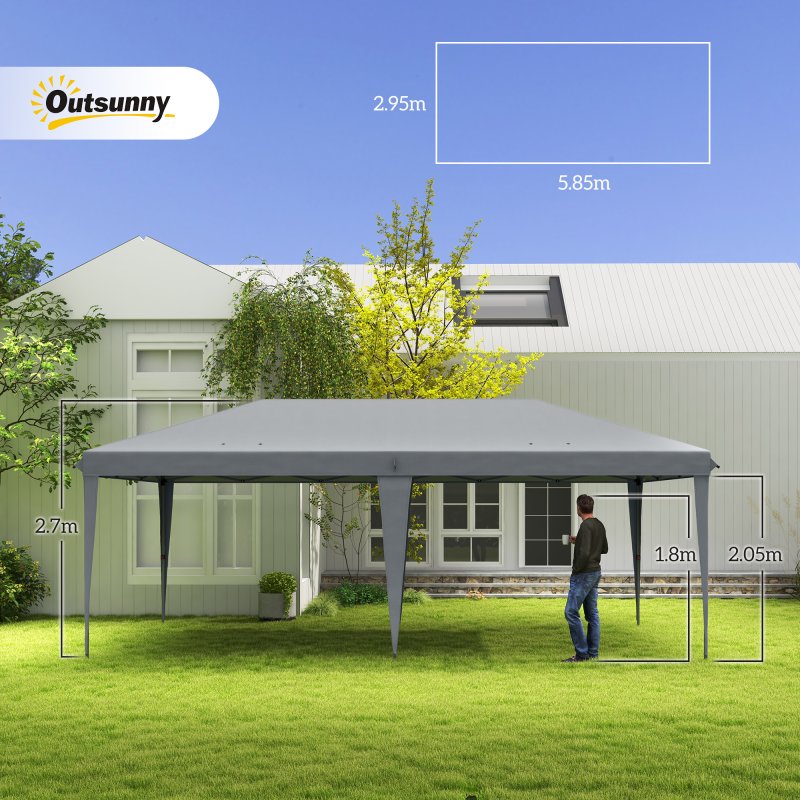 Outsunny Pop Up Gazebo 3 x 6m, Foldable Canopy Tent, Height Adjustable Wedding Awning Canopy w/ Carrying Bag, Grey