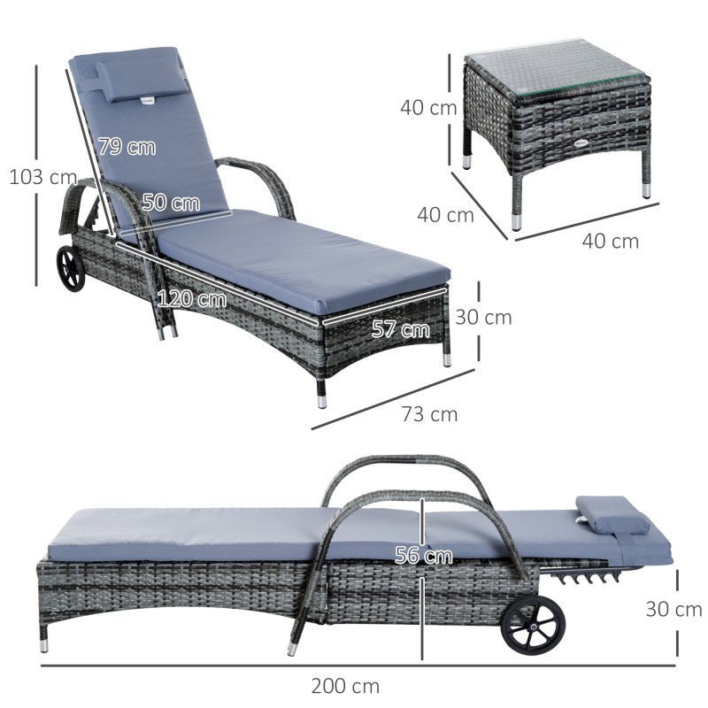Outsunny 3 Pieces PE Rattan Patio Lounge Chair Set, Outdoor Recliner Lounge Chairs with Wheels, for Outside with Cushions, Headrest, Coffee Table for Garden, Poolside, Grey