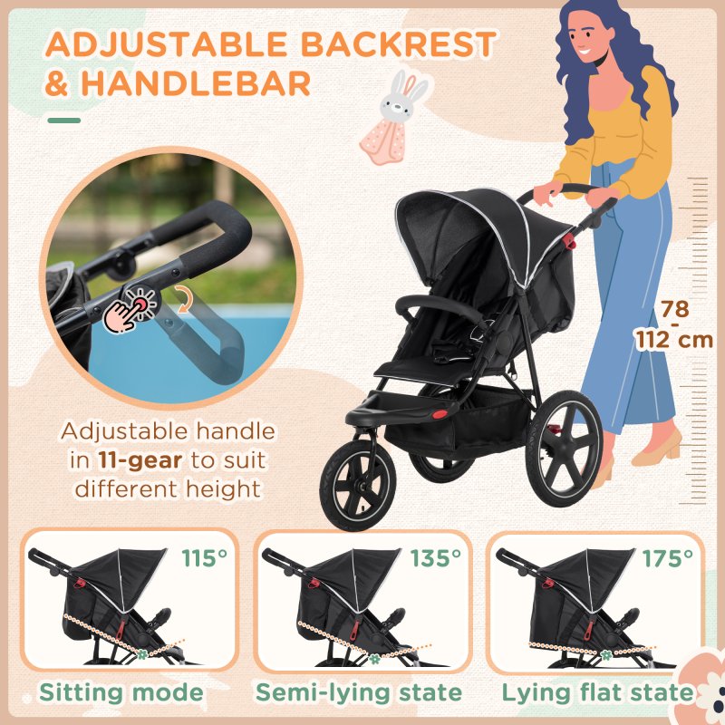 HOMCOM Baby Stroller Pushchairs 2 in 1 Lightweight Travel Pram Buggy Foldable with Reversible Seat, Fully Reclining Backrest, from 0 to 3 Years, 0 to15kg - Black