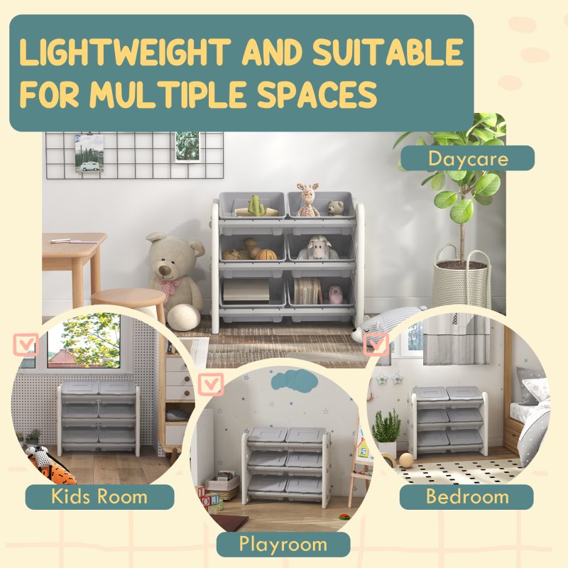 AIYAPLAY Kids Toy Storage Units, 3 Tier Toys Storage Organiser with 6 Storage Boxes, for Bedroom, Playroom, Nursery, 76 x 37 x 60cm, Grey