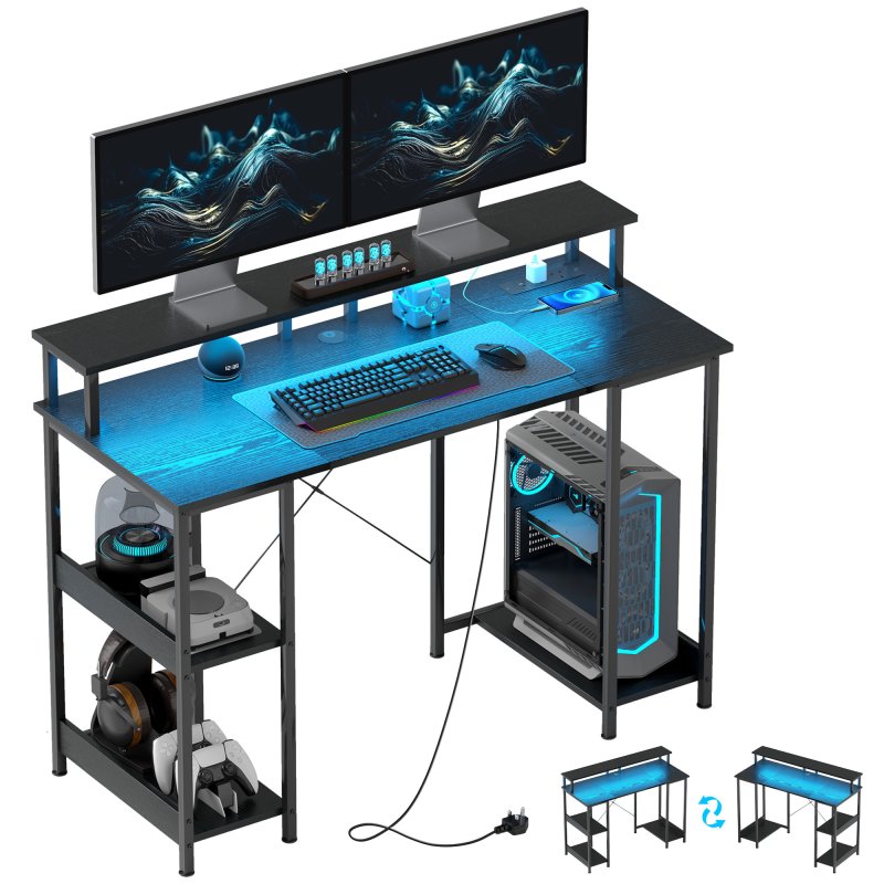 HOMCOM Computer Desk with Power Outlets and LED Lights, 120 x 50cm Reversible Home Office Desk with Monitor Stand and 2-Tier Storage Shelves, Gaming Desk with Cable Management, Black