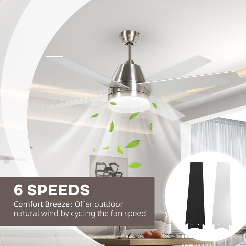HOMCOM 50" Ceiling Fan with Lights and Remote, Quiet DC Motor Fans with 4 Reversible Blades, 6 Speeds and Timer for Bedroom, Living Room, Silver and Black