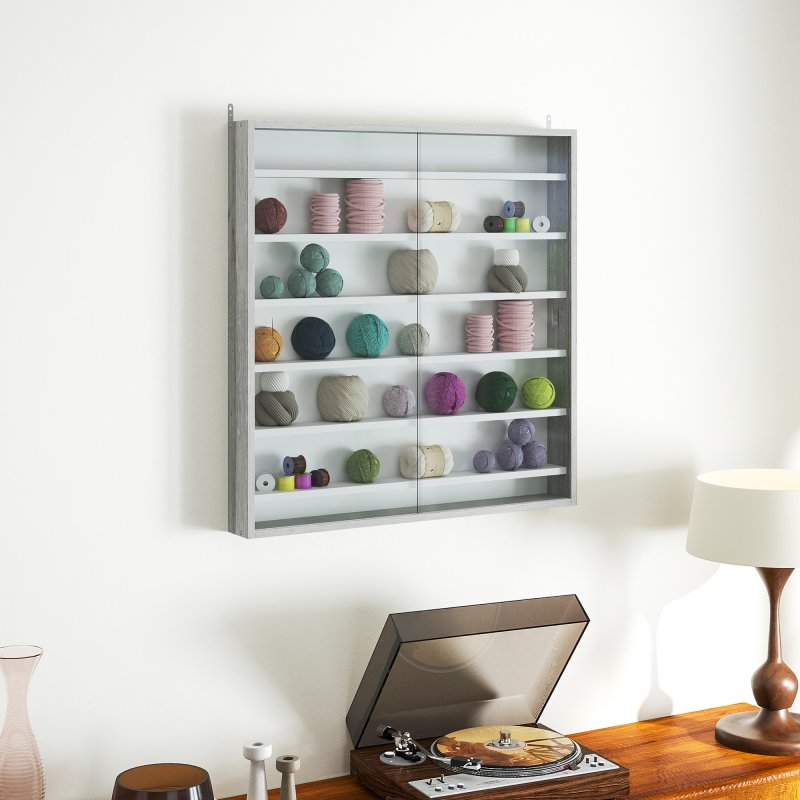 HOMCOM 7-Tier Wall Mounted Display Cabinet, Display Case with 6 Adjustable Shelves, Glass Doors for Home Office Ornaments 83x80cm, Graphite Wood Effect