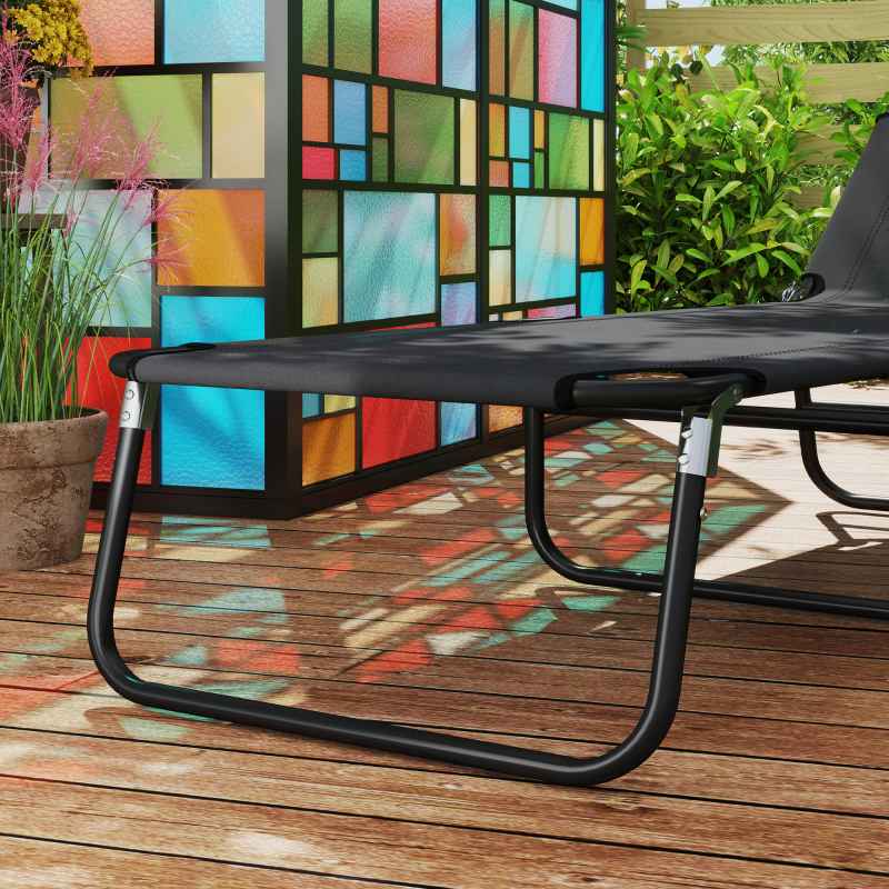 Outsunny Foldable Sun Lounger Set of 2 with 5-Position Adjustable Backrest, Outdoor Portable Recliner Chaise Lounge Chair with Breathable Mesh Fabric, Black
