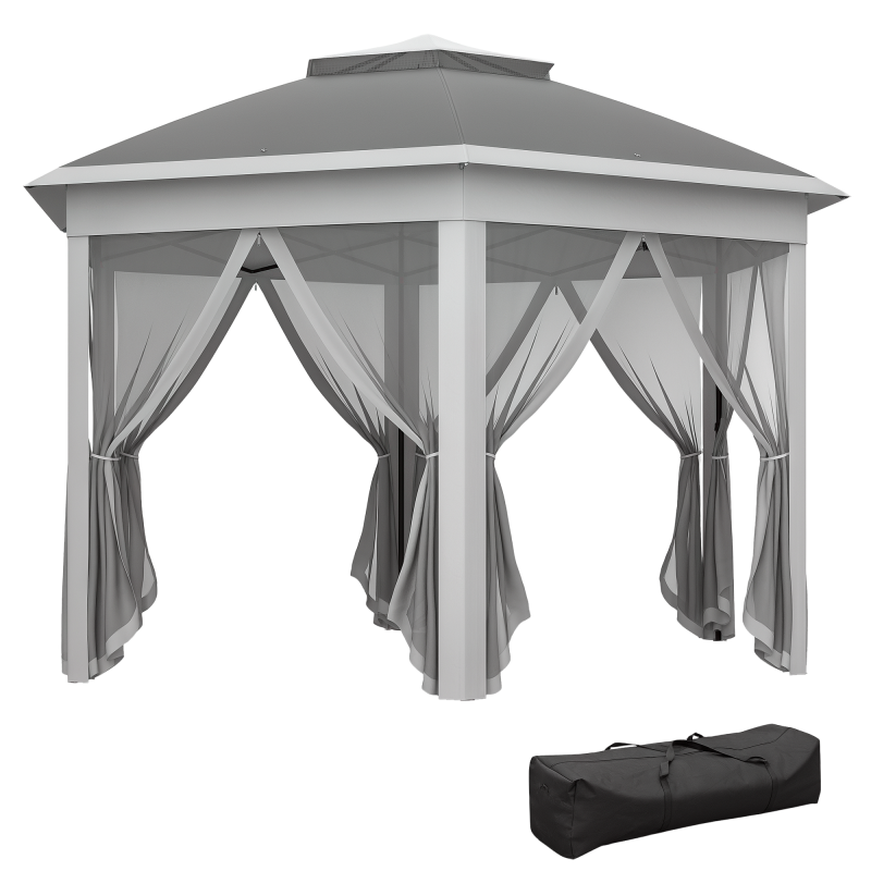 Outsunny 3 x 4m Garden Gazebo Hexagon Pop Up Gazebo Party Tent Canopy Double Roof Instant Shelter with Netting and Carry Bag for Outdoor Patio, Dark Grey