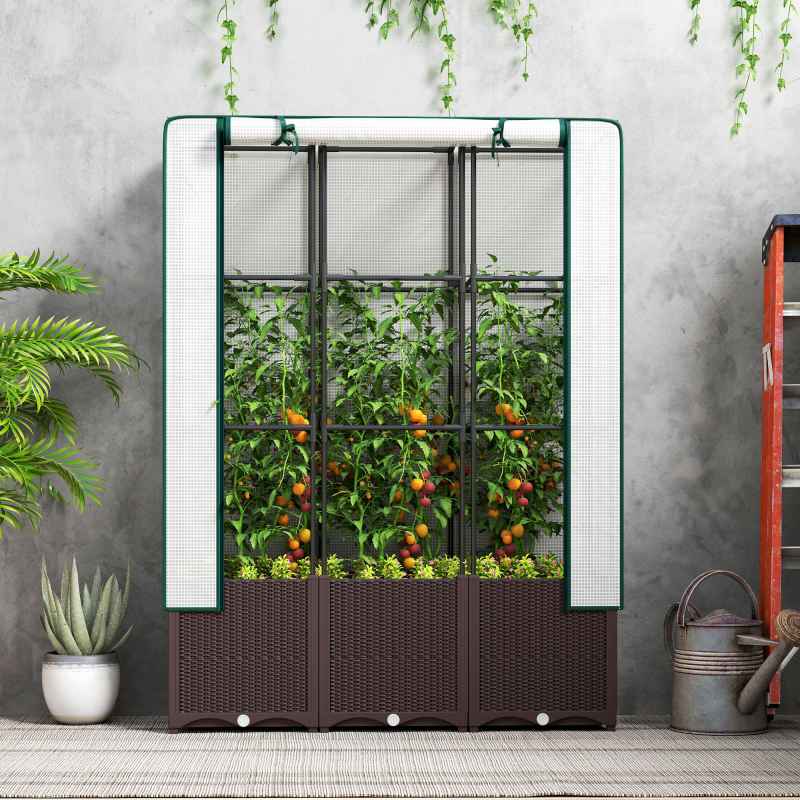 Outsunny Raised Garden Bed with Trellis, Plastic Planter Box with PE Cover, Drainage Holes, Drain Plugs and Water Reservoirs for Climbing Plants, Vegetables, Flowers, 120 x 40 x 140 cm
