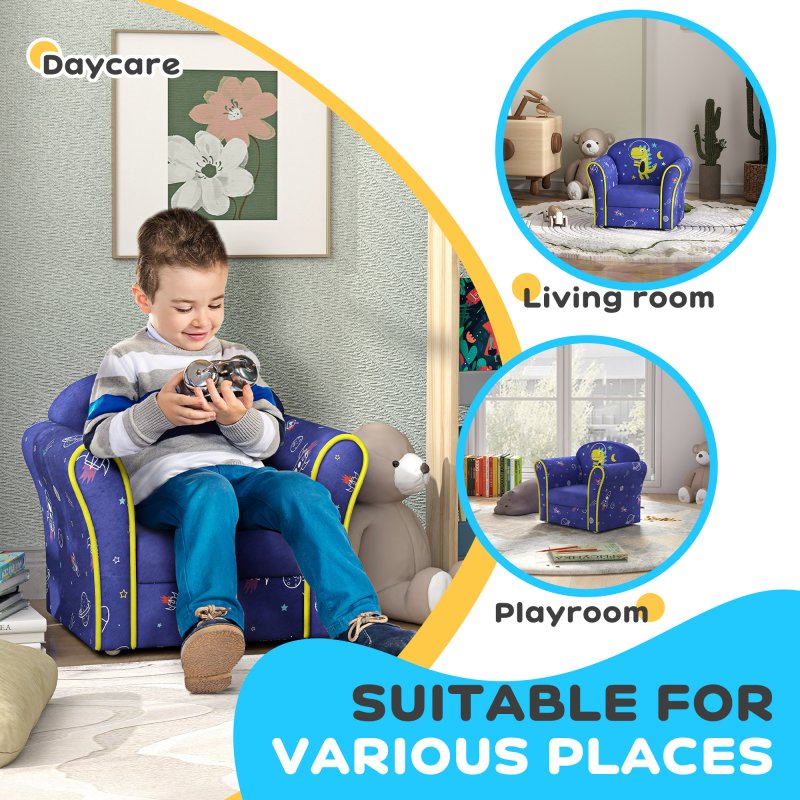 AIYAPLAY Kids Sofa Chair, Toddler Armchair with Planet and Dinosaur Design, Wooden Frame, Upholstered Toddler Chair for Bedroom, Playroom, Kids Room - Blue