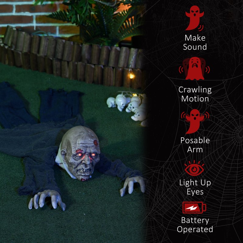 HOMCOM 5.2ft Life Size Outdoor Halloween Decoration Crawling Zombie, Animated Prop Decor with Sound and Motion Activated, Light Up Eyes, Howling Sound, Posable Arms