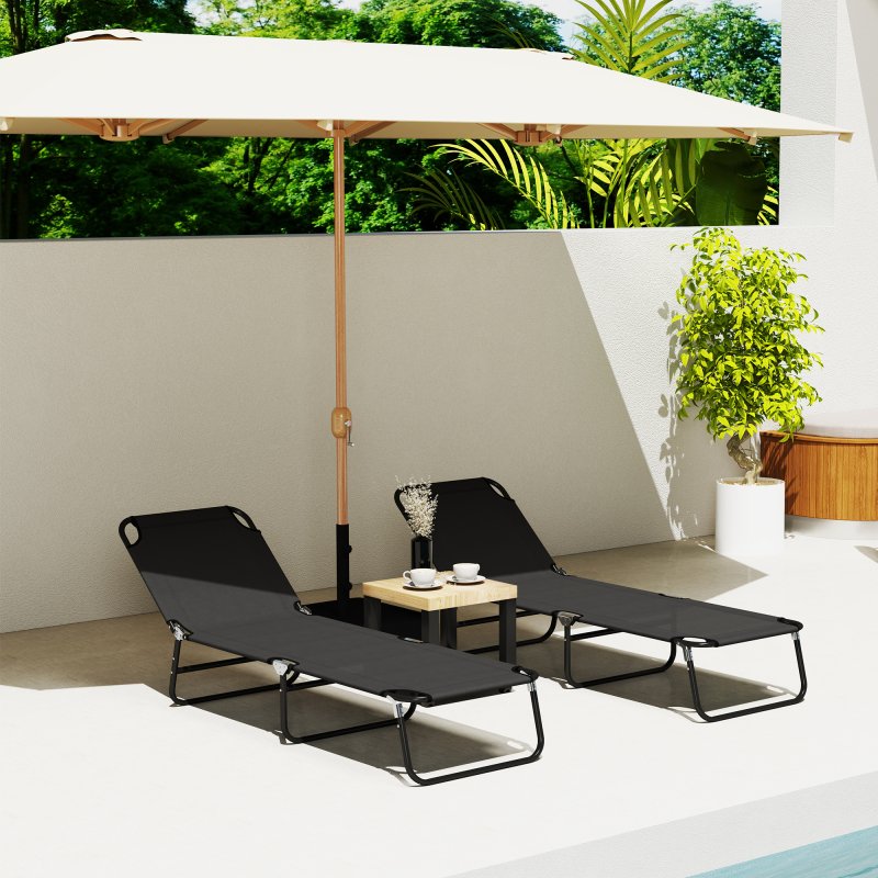 Outsunny Foldable Sun Lounger Set of 2 with 5-Position Adjustable Backrest, Outdoor Portable Recliner Chaise Lounge Chair with Breathable Mesh Fabric, Black
