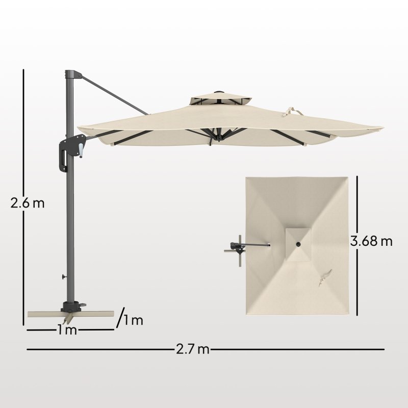 Outsunny 3.7 x 2.7 m Cantilever Parasol w/ 360 Rotation and Easy Tilt Adjustment, Aluminium Hanging Offset Outdoor Umbrella w/ Double Top and Cross Base, UPF50+ Hanging Sun Shade, Black