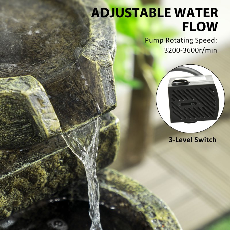 Outsunny Outdoor Garden Water Feature with 4-Tier Stacked Stone Look Bowls, Patio Cascading Waterfall Fountain, Adjustable Flow, Rustic Decor, Black and Yellow