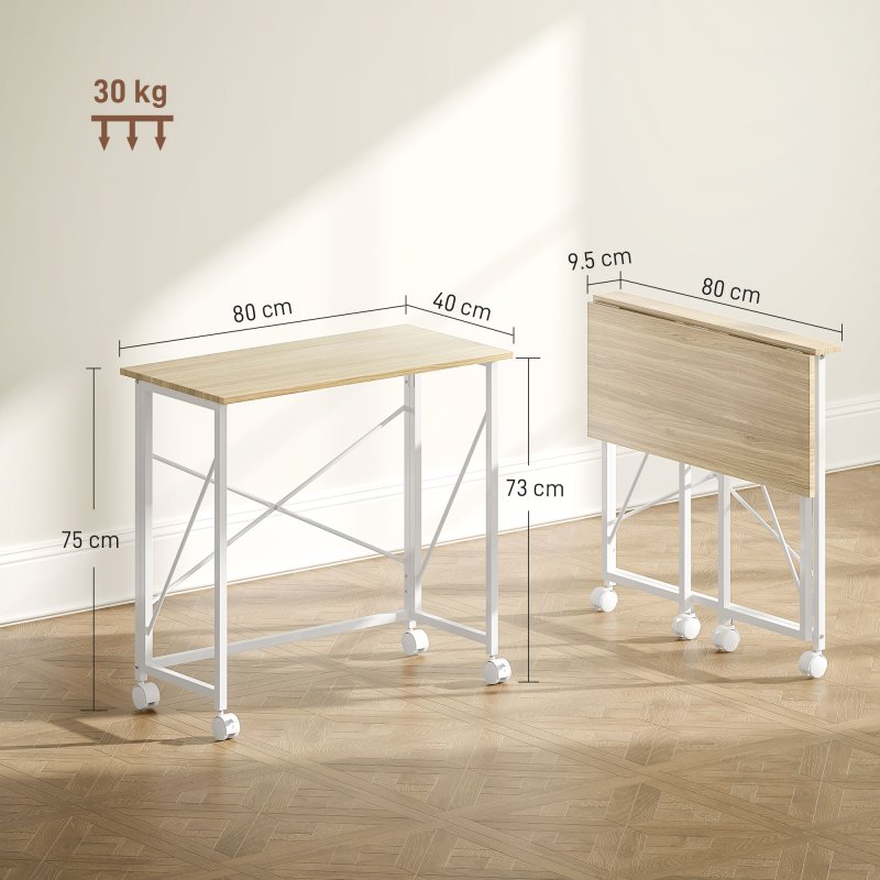HOMCOM Small Folding Desk, 80 cm Foldable Computer Desk on Wheels for Small Space, Easy Assembly, Space Saving Writing Table for Home Office, Bedroom, Natural Tone