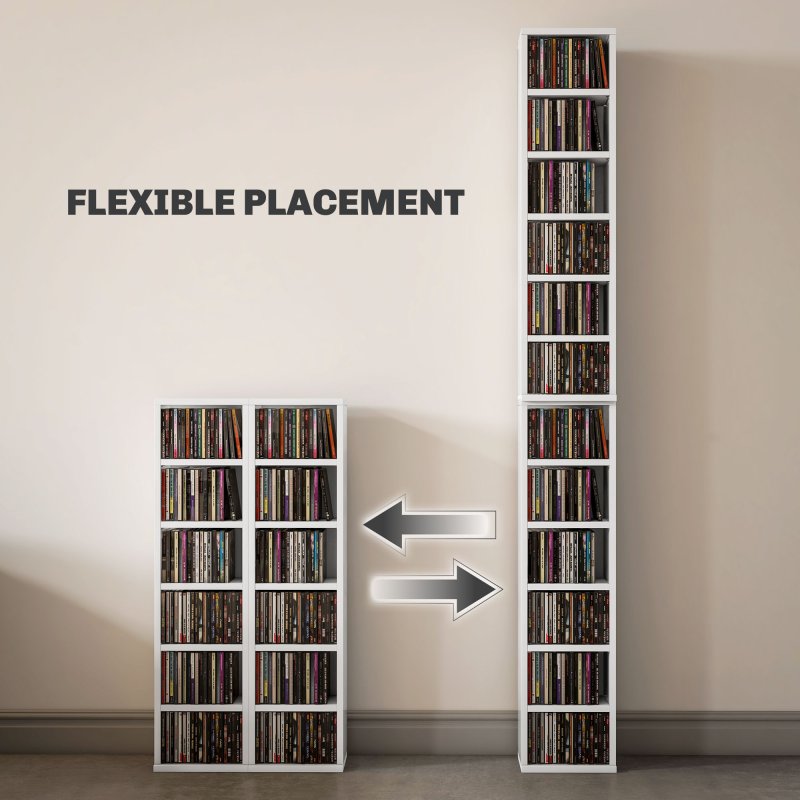HOMCOM 204 CD Media Display Shelf Unit Set of 2 Blu-Ray Tower Rack w/ Adjustable Shelves Bookcase Storage Organiser, High Gloss White