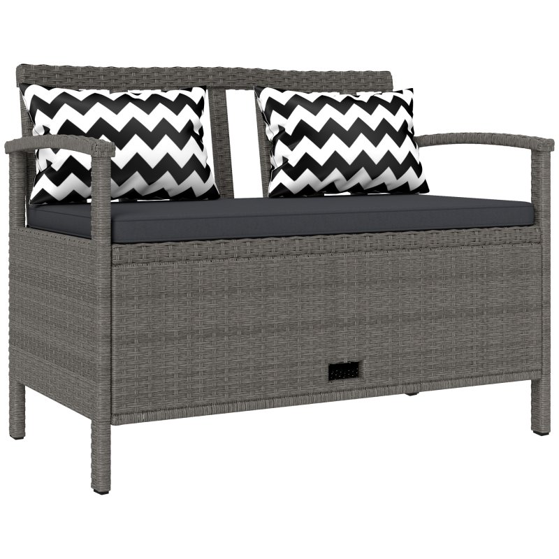 Outsunny 2 Seater Garden Storage Bench with 160L Capacity, PE Rattan Garden Bench with Storage, Wicker Outdoor Bench Loveseat with Cushion, Pillows and Steel Frame for Patio, Grey