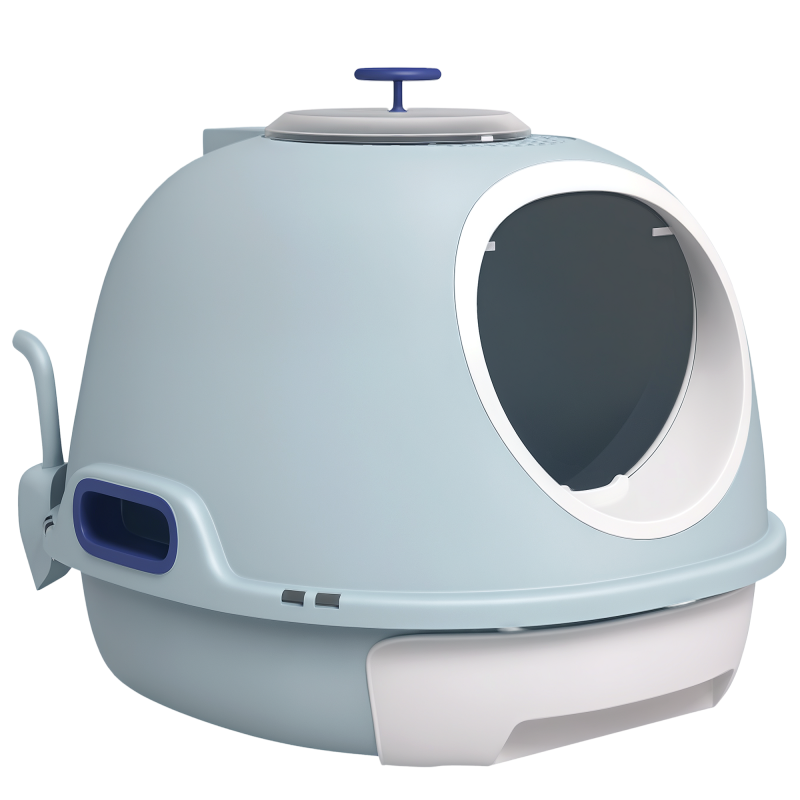PawHut Cat Litter Box Toilet with Litter Scoop Enclosed Drawer, Front Entry Top Exit, Easy To Clean Blue