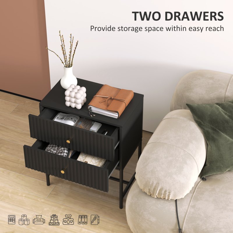 HOMCOM Bedside Table with 2 Drawers, Modern Bedside Cabinet with Storage and Metal Legs for Bedroom, Living Room, Black