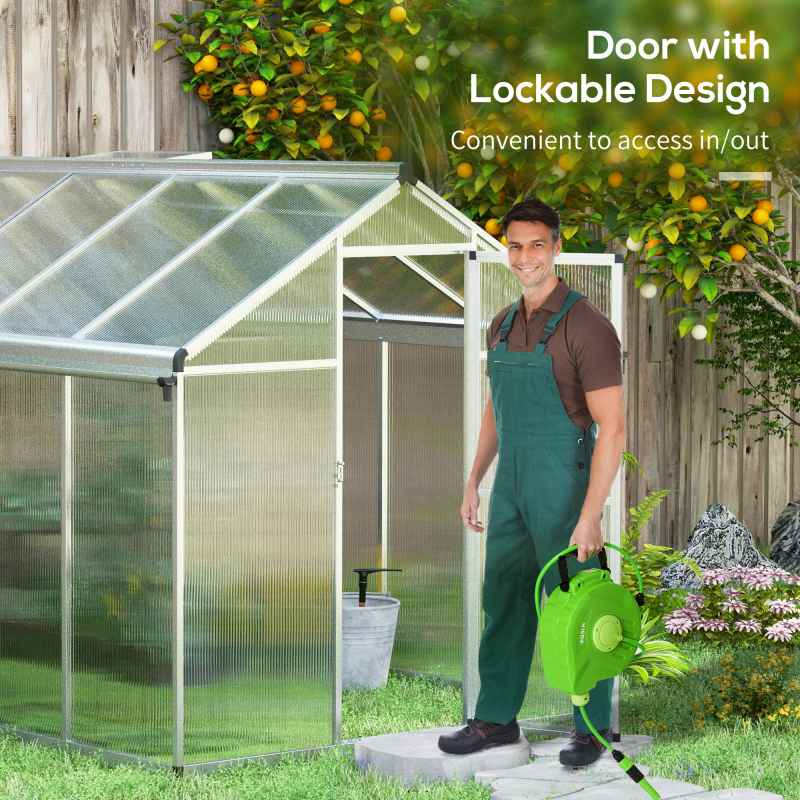 Outsunny 6 x 10ft Polycarbonate Greenhouse with Rain Gutters, Large Walk-In Green House with Door and Window, Garden Plants Grow House with Aluminium Frame and Foundation