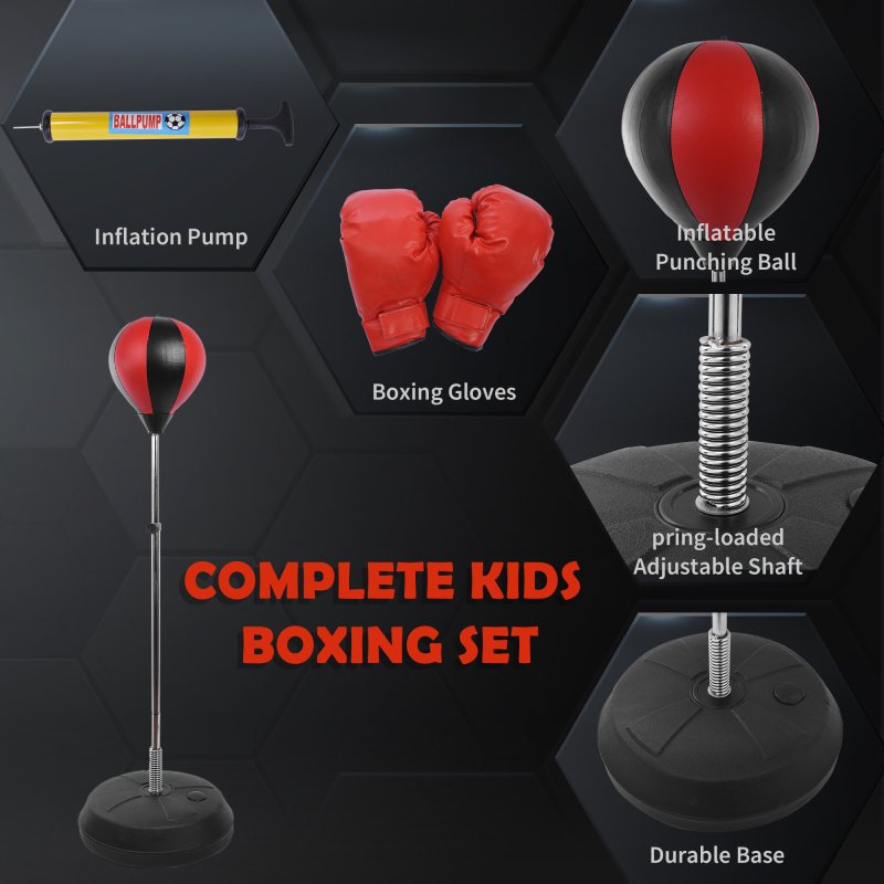 HOMCOM Training Boxing Punch Ball Set 125-145H x 43cm with Gloves Air Pump, 4-Position Adjustable Height Freestanding Boxing Speed Ball for Teenagers Exercise Training