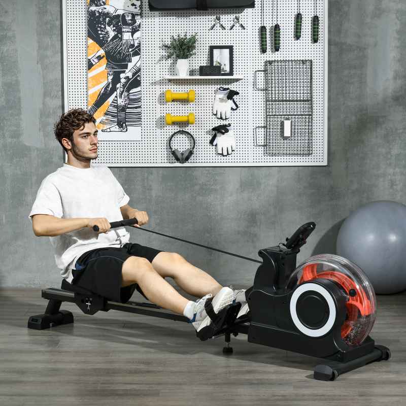 SPORTNOW Foldable Rowing Machine, Water Rowing Machine for Home Gym, 150kg Weight Capacity Portable Rower with LCD Monitor, Wheels and Tablet Holder for Cardio Training, Black