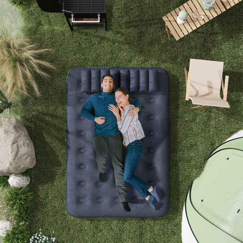 Outsunny Double Air Bed with 2 Pillows, Hand Pump, Inflatable Mattress with Flocked Surface for Guest, Camping, Travel, 191 x 137 x 22cm