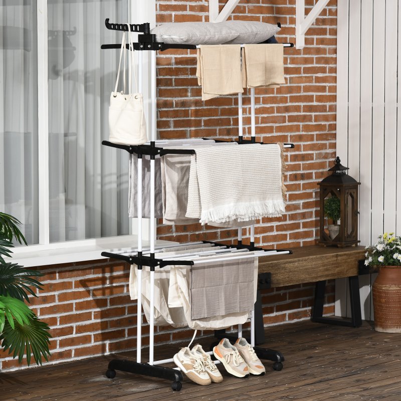HOMCOM 4-Tier Clothes Airer, Foldable Clothes Drying Rack with Wheels and Wings, Steel Garment Laundry Rack for Indoor and Outdoor Use, Black